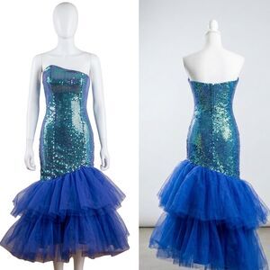 Vtg 80s Iridescent Blue Sequin Mermaid Prom Dress Tulle Gown Whats Up! Carol XS